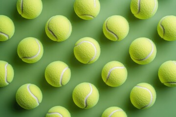 Tennis balls on a green background, top view.