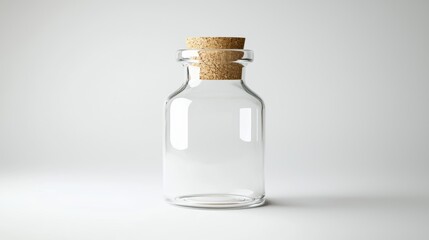 A clear glass bottle with a cork stopper