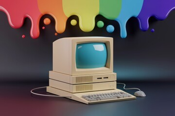 Old computer, background with dripping colored paint, concept of technology and nostalgia.