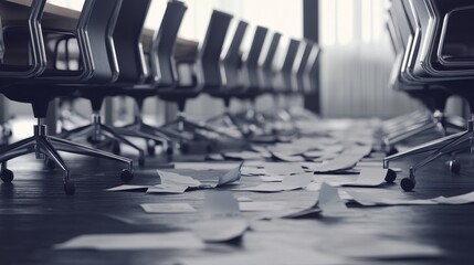 Corporate breakup illustrated creatively. Featuring an empty conference room with chairs pushed back. Showcasing the absence of collaboration. Ideal for discussions on teamwork