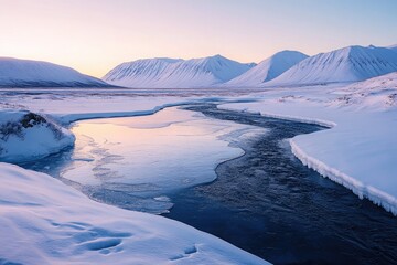 Wall Mural - A pristine snowy mountain landscape at sunrise, with icy lakes and frozen rivers running through the valleys, all bathed in the warm light of dawn.
