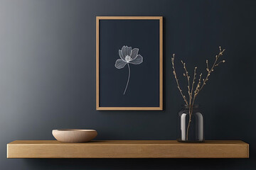 Above a sleek chestnut wood shelf,a small framed navy blue paper showcases a white ink drawing of an abstract flower.The minimalist design features muted tones and warm lighting against dark gray wall