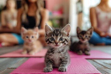  adorable kittens sitting on  yoga mats with women meditating in a background, yoga with animals 