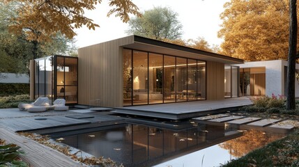 Modern modular housing solution with timber facade and glass walls, set up in a contemporary display area