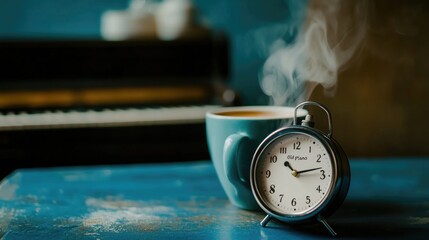 Cup of coffee and an alarm clock on a blue background.