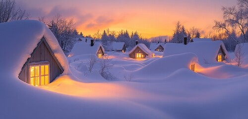 Wall Mural - A serene winter sunset over a snow-covered village, with glowing windows reflecting the soft orange light of the setting sun as the snow blankets the surrounding fields.