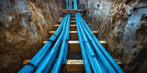 Multiple blue fiber optic cables are laid in a trench, representing high-speed internet infrastructure and the future of digital connectivity and communication technology