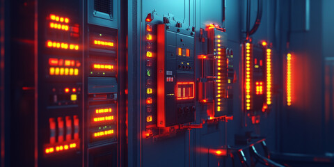 A complex switchgear panel in a high-tech indoor electrical substation, illuminated by red and yellow lights, ensuring efficient power distribution control.