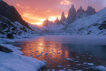Wall Mural - A stunning sunrise illuminating snow-covered mountain peaks and an icy lake, with the frozen water reflecting the soft light of the early morning sky.