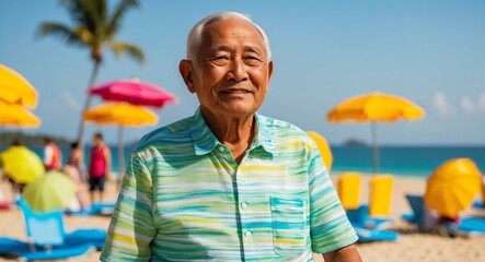 southeast asian elderly man summer vacation bright background wearing fashion portrait