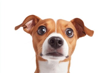 Adorable close-up of a curious brown and white dog with big expressive eyes, showcasing its playful and friendly personality against a white background.