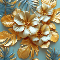 3D Vector gold leaf pattern. Floral luxury wallpaper, art deco botanical illustration.