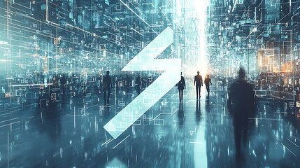 Poster - Exploring a futuristic digital landscape silhouettes of people navigating through a world of data and connectivity