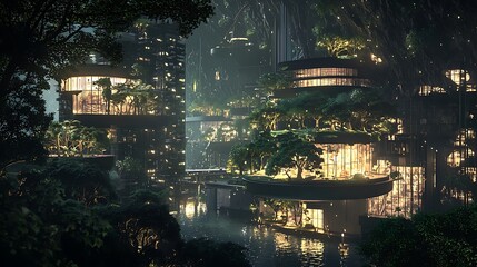 Aufkleber - Exploring a majestic subterranean city illuminated by glowing trees and surrounded by serene waters