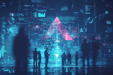 Fototapete - Silhouetted figures engaged with a futuristic digital display exploring the intersection of human insight and tech innovation in business environments