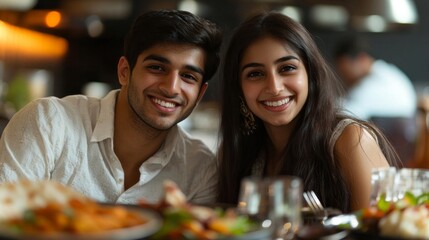 Wall Mural - A man and woman are smiling at the camera while sitting at a table with food