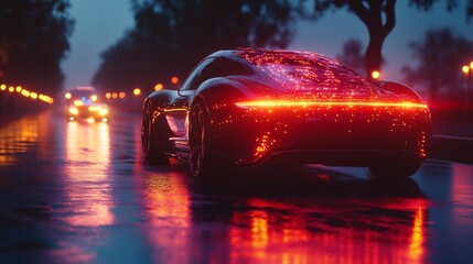 A modern car glides along a rain-soaked city street at night, its sleek design glowing with vibrant red and orange lights. Wet pavement reflects the illuminating colors.