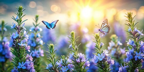 A vibrant field of wildflowers basks in the warm glow of the setting sun, their delicate petals illuminated by the golden rays, as butterflies flutter gracefully, their wings catching the sunlight.