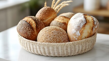 Artisanal bread assortment in wicker basket on marble countertop. Various freshly baked loaves with wheat stalks, warm lighting enhancing textures and colors.