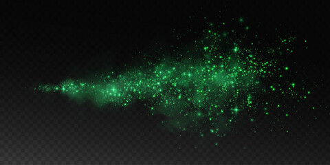 Fantastic smoke background. Magic smoke with glitter and small particles of twinkling stars, fog with glowing particles, green vapour with stardust. Vector illustration.	