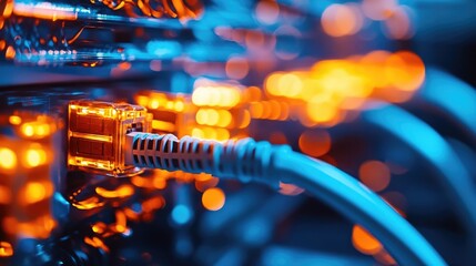 Close-Up of Network Cables and Devices in IT Center with Orange and Blue Lighting