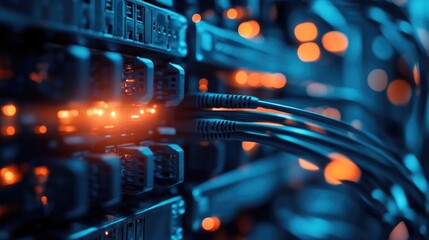 Close-Up of Network Cables and Devices in IT Center with Orange and Blue Lighting