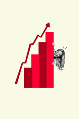 Wall Mural - vertical poster collage young woman hide statistics successful business startup arrow increase profi