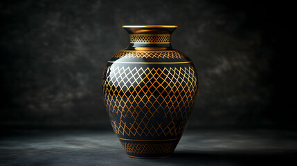 Glossy Black and Gold Geometric Vase with Modern Design on a Neutral Background