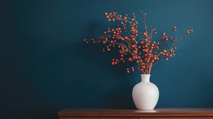 Sticker - A minimalistic yet elegant scene featuring red and orange flowers in a white vase, placed on a wooden cabinet against a navy blue wall