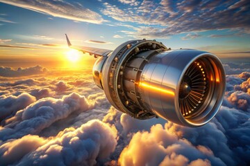 Close-up of a jet engine on an aircraft with a blurred airport backdrop