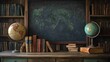 © savittree - A nostalgic classroom scene with a rustic desk, vintage globes, and old leather books arranged in front of a chalkboard, bringing a retro back-to-school feel.