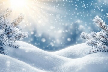 Wall Mural - Winter bright background. Christmas landscape with snowdrifts and pine branches in the frost.