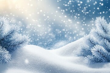 Wall Mural - Winter bright background. Christmas landscape with snowdrifts and pine branches in the frost.