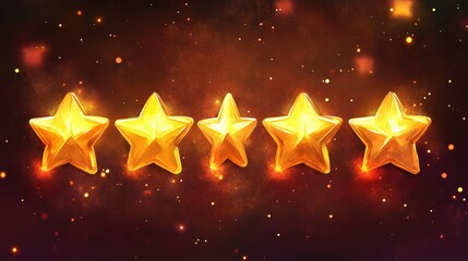 Wall Mural - A set of five golden stars aligned in a row, symbolizing a perfect review score, with a glowing background