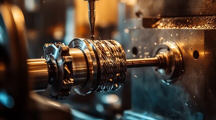 Close-up of a metalworking lathe cutting a metal part, with sparks flying off.