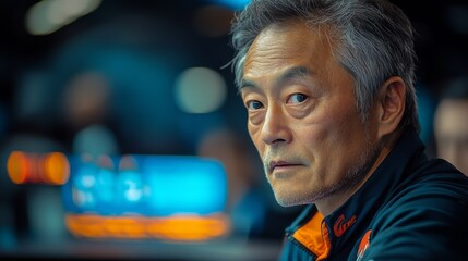 Poster - The man, surrounded by dim lighting, appears deeply engaged in his work, analyzing data from multiple computer screens in a high-tech environment late at night.