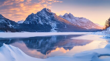 Wall Mural - Snow-covered mountains basking in the soft light of sunrise, with the calm, icy lake below reflecting the mountain range and the golden-pink hues of the morning sky.