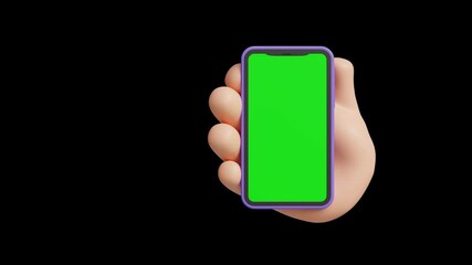 3d animation of a cartoon hand holding a mobile phone with blank green screen for mockup on isolated black background