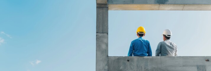 Two construction engineers in hard hats discuss building plans at a construction site with blue sky background, symbolizing teamwork.