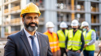 An Indian construction manager supervising a construction site and ensuring safety protocols.
