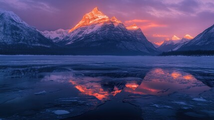 Wall Mural - The soft light of a winter sunrise touches the snow-capped mountains and glistening icy lake below, creating a breathtaking natural reflection of the glowing peaks.