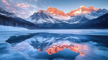 Wall Mural - The soft light of a winter sunrise touches the snow-capped mountains and glistening icy lake below, creating a breathtaking natural reflection of the glowing peaks.