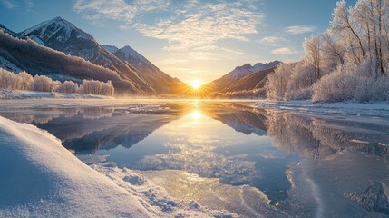 Wall Mural - The sun rises over snow-covered mountains, casting golden light onto a calm icy lake that reflects the serene winter landscape of frosted trees and distant peaks.
