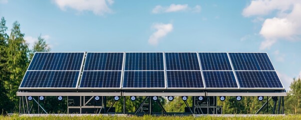 A solar panel array stands in a green field under a bright blue sky, showcasing renewable energy technology.