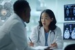 © useful pictures - A female doctor discusses brain scans with a colleague at a medical research center in a modern hospital