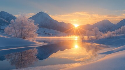 Wall Mural - The sun rises over snow-covered mountains, casting golden light onto a calm icy lake that reflects the serene winter landscape of frosted trees and distant peaks.