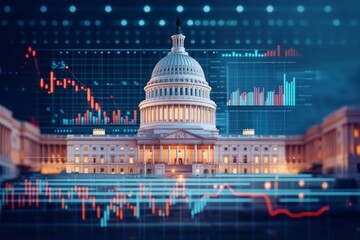 A digital representation of the U.S. Capitol Building blended with financial graphs and charts, symbolizing the intersection of politics and economics.