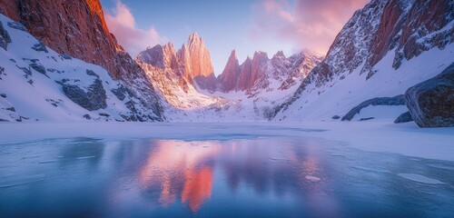 Wall Mural - Towering snow-covered mountains glowing at sunrise, with soft light reflecting off the icy surface of a frozen lake in the foreground, capturing the essence of winter serenity.