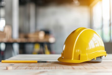 yellow construction hard hat and pencil on a wooden table in a blurred industrial background. symbol