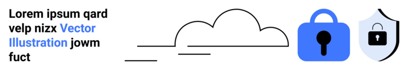 Simple cloud icon next to a blue padlock and shield symbol. Ideal for themes such as online security cloud storage data protection cybersecurity privacy and technology. Banner for landing page